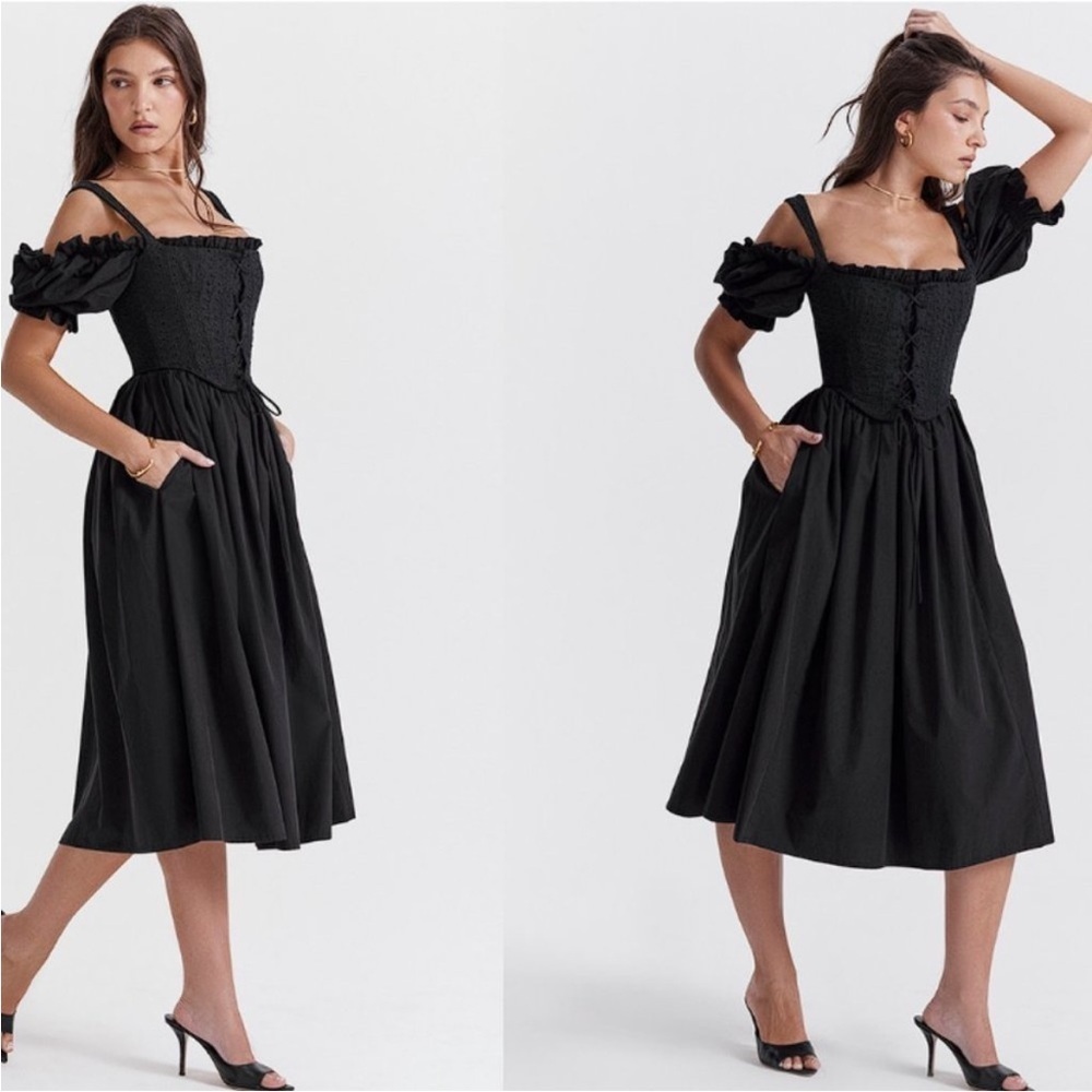 House of CB Silvana Black Puff Sleeves Midi Length SunDress Size Medium - Picture 13 of 14